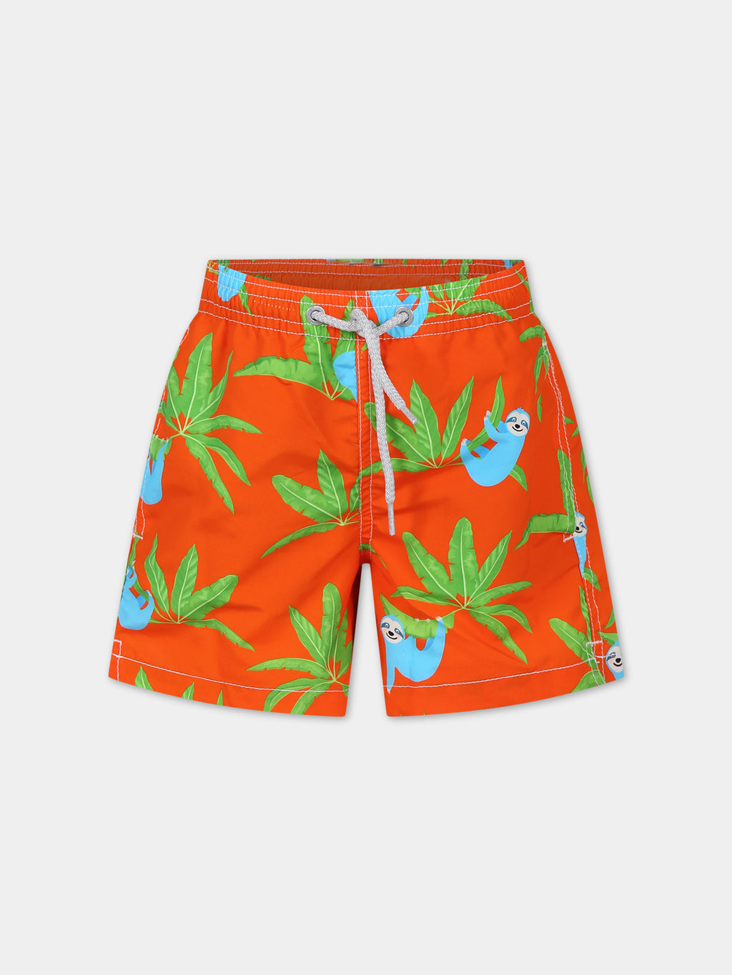 Orange swim shorts for boy with sloth print
